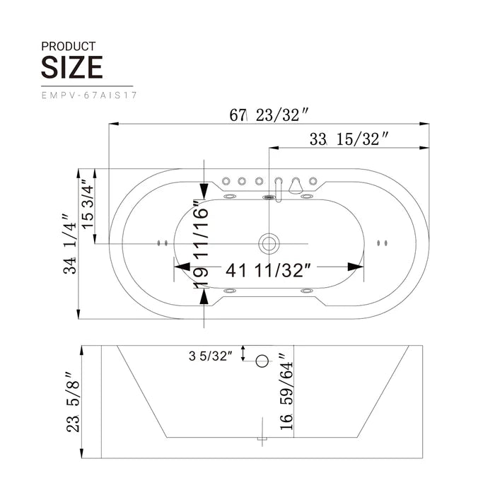 Empava 67" Freestanding Oval Whirlpool Bathtub with Faucet, EMPV-67AIS17