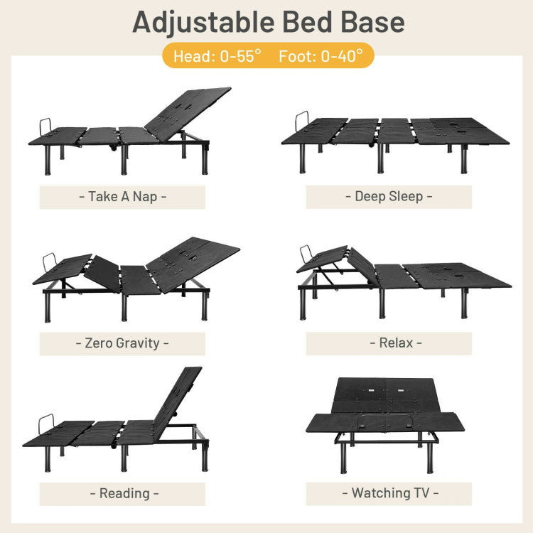 Ergonomic Adjustable Bed Base with Head & Foot Incline and remote control