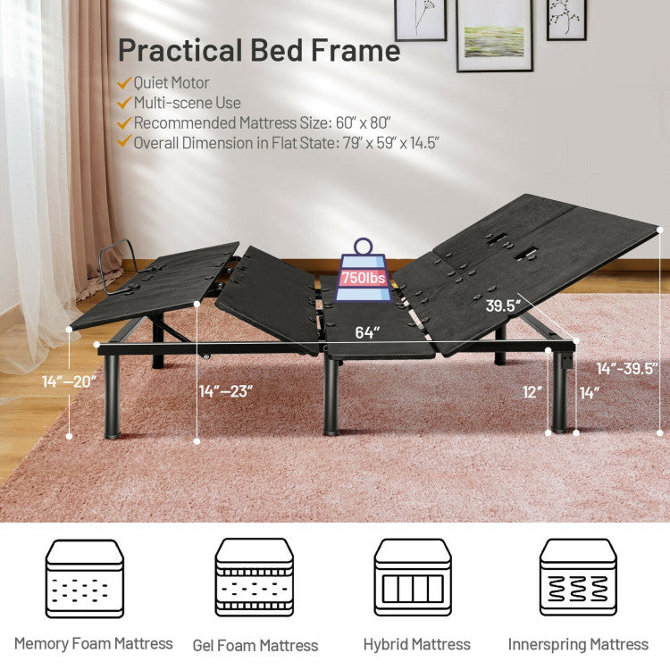 Ergonomic Adjustable Bed Base with Head & Foot Incline and remote control