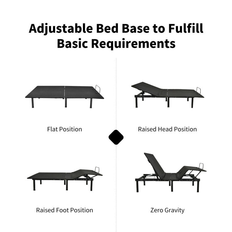 Queen Size Adjustable and Folding Bed Base Frame with Wireless Remote Control and USB Charging Port