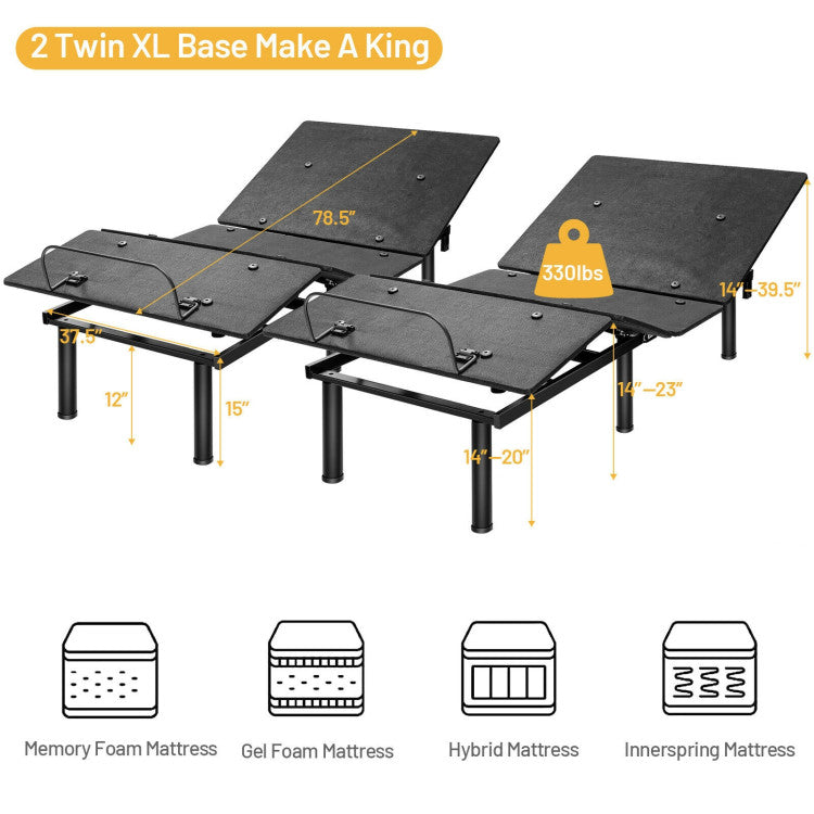 Ergonomic Adjustable Bed Base with Head & Foot Incline and remote control