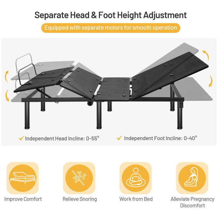 Ergonomic Adjustable Bed Base with Head & Foot Incline and remote control