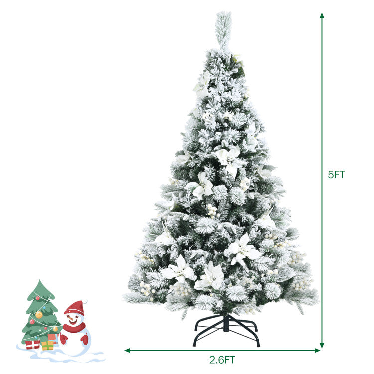 5/6/7/8 Feet Snow Flocked Christmas Tree with Berries and Poinsettia Flowers