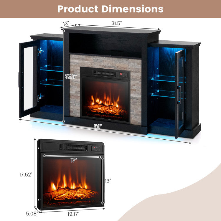 Fireplace TV Stand 16-color LED lights for up-to 65-Inch TVs with Adjustable Shelves