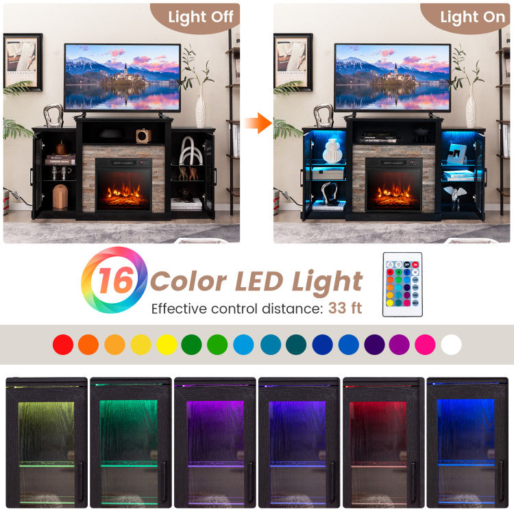 Fireplace TV Stand 16-color LED lights for up-to 65-Inch TVs with Adjustable Shelves