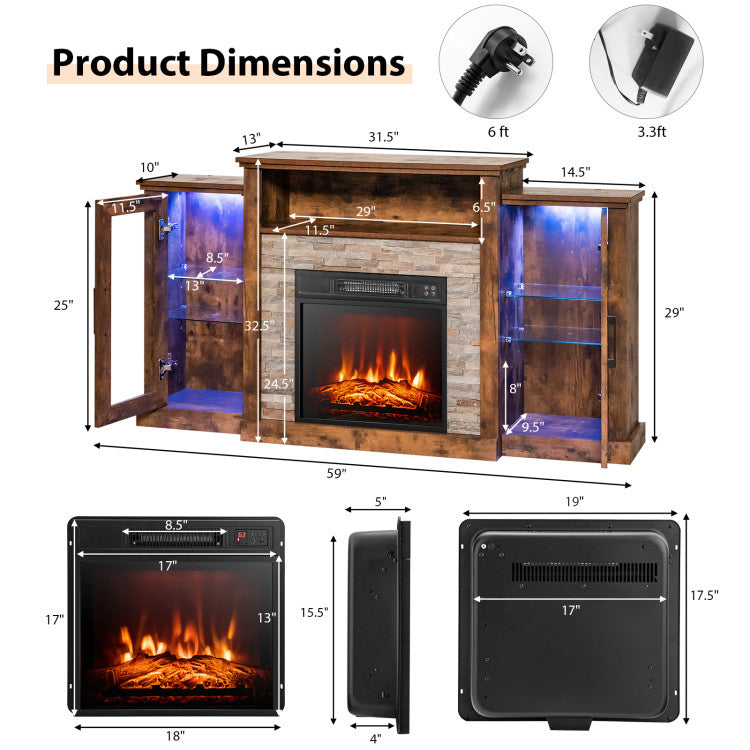 Fireplace TV Stand 16-color LED lights for up-to 65-Inch TVs with Adjustable Shelves