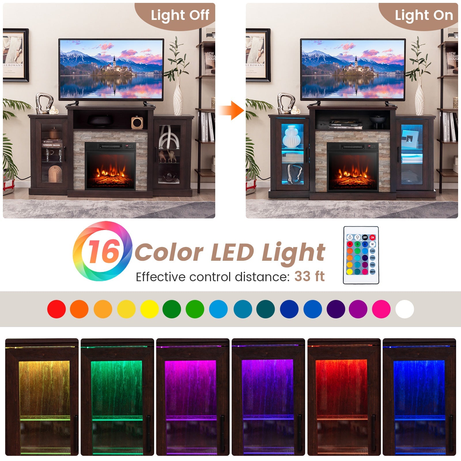 Fireplace TV Stand 16-color LED lights for up-to 65-Inch TVs with Adjustable Shelves