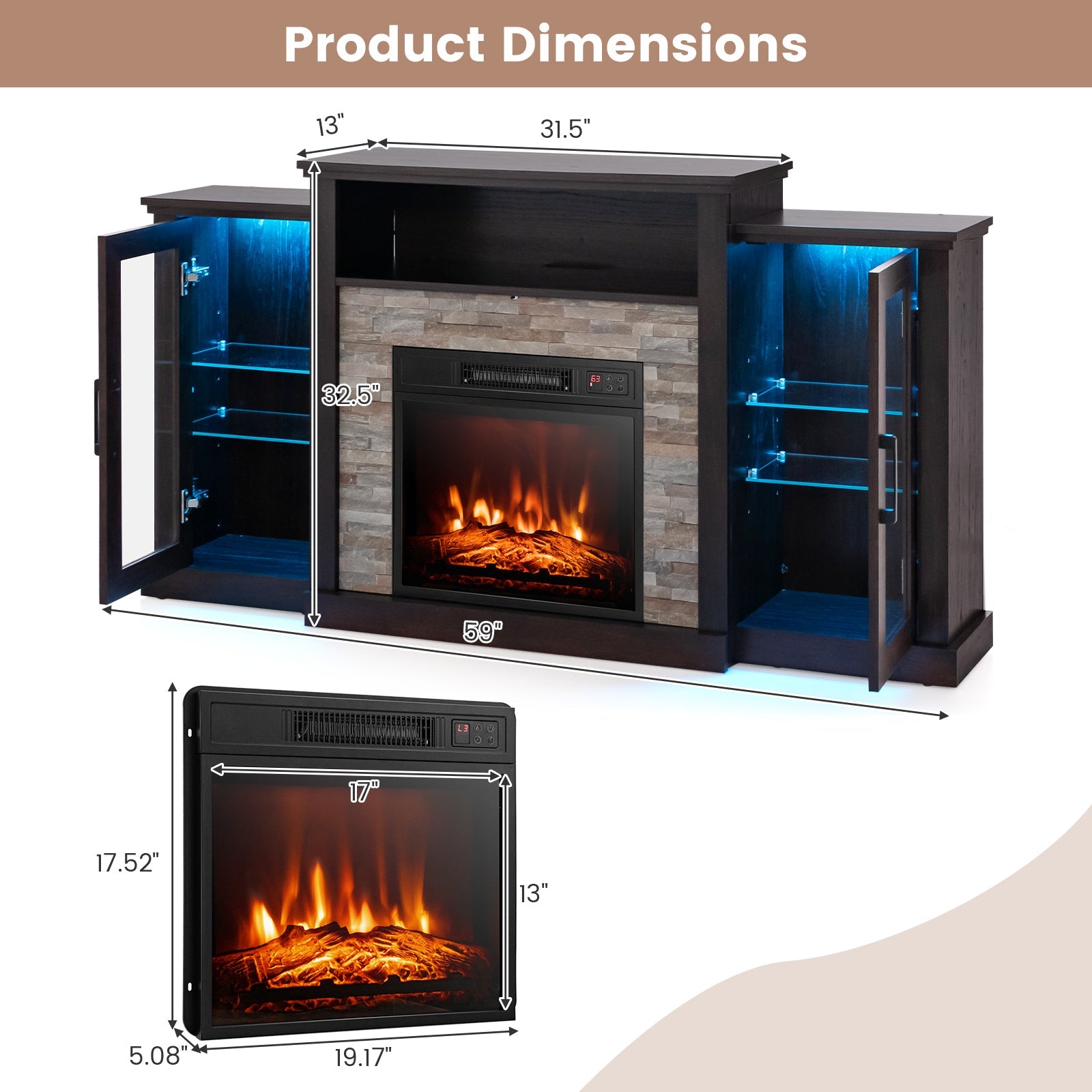 Fireplace TV Stand 16-color LED lights for up-to 65-Inch TVs with Adjustable Shelves