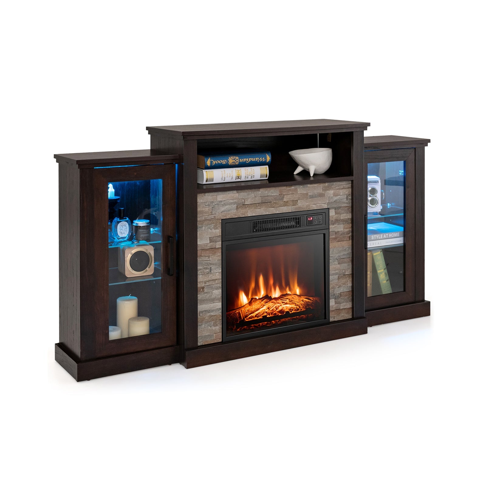 Fireplace TV Stand 16-color LED lights for up-to 65-Inch TVs with Adjustable Shelves