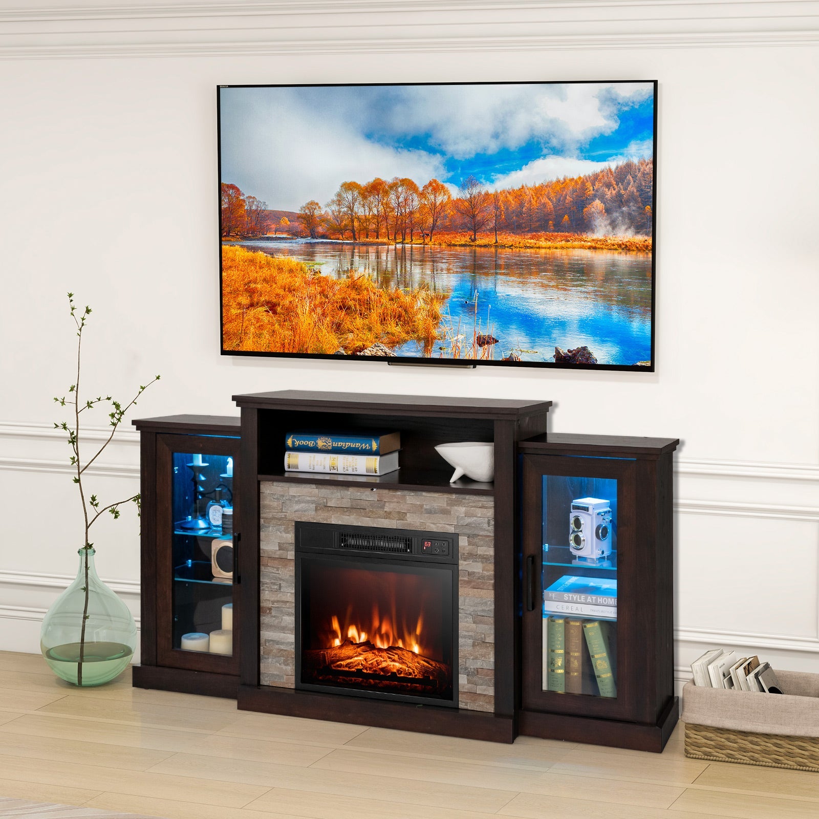 Fireplace TV Stand 16-color LED lights for up-to 65-Inch TVs with Adjustable Shelves