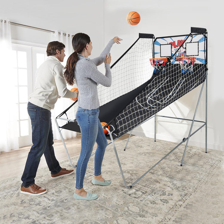 Foldable Dual Shot Basketball Arcade Game with Electronic Scoring System, Basketballs