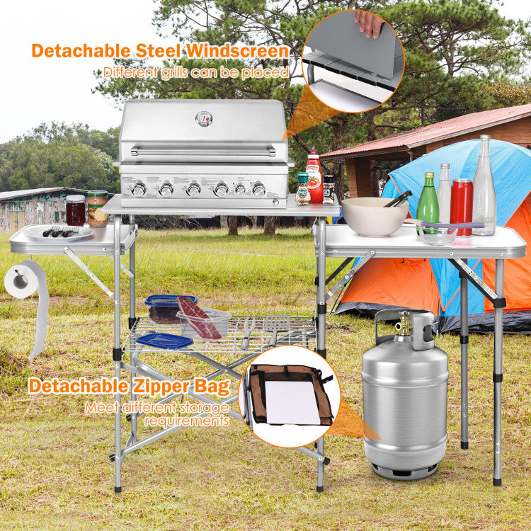 Foldable Outdoor BBQ Portable Grilling Table with Windscreen Bag for Camping and Party