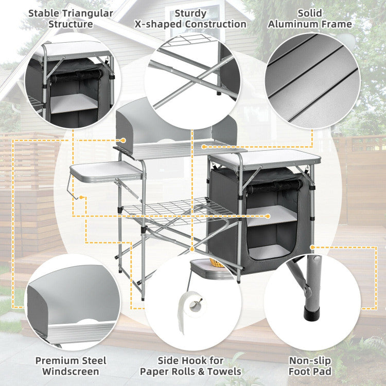 Foldable Outdoor BBQ Portable Grilling Table with Windscreen Bag for Camping and Party