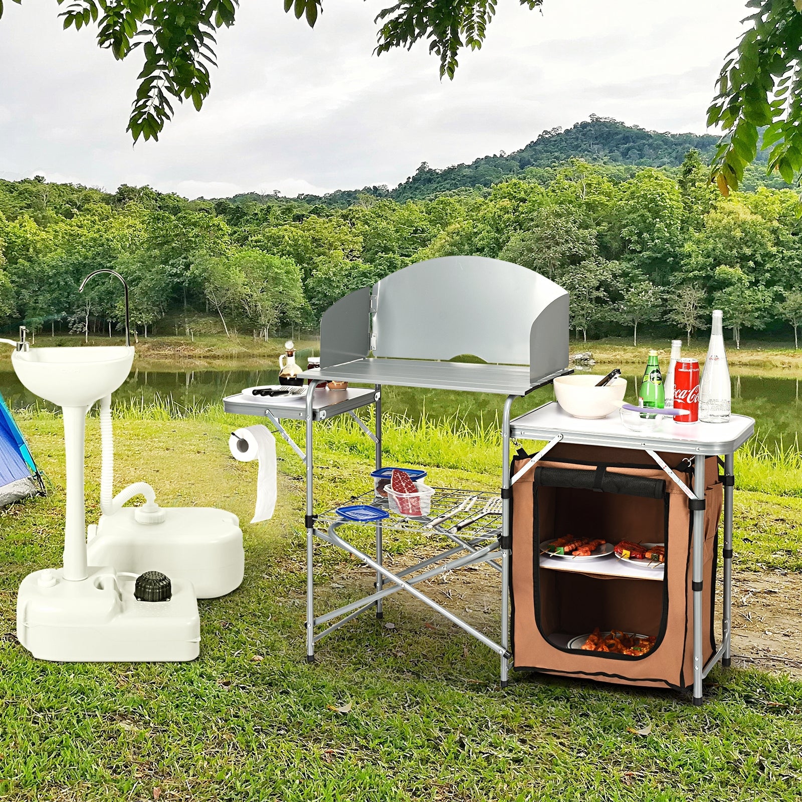 Foldable Outdoor BBQ Portable Grilling Table with Windscreen Bag for Camping and Party