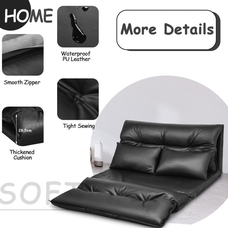 Foldable PU Leather Leisure Floor Sofa Bed with 2 Pillows and Adjustable Backrest