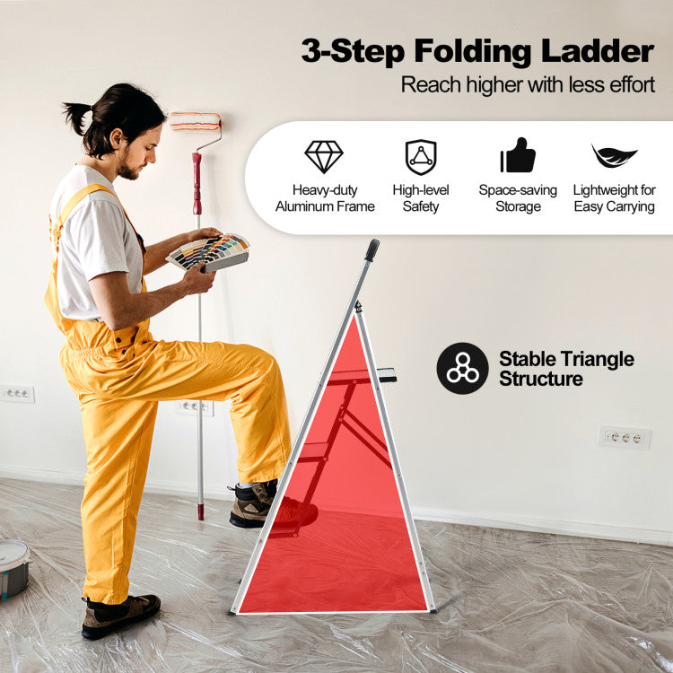 Folding 3-Step Ladder Aluminum with Non-Slip Pedal and Footpads