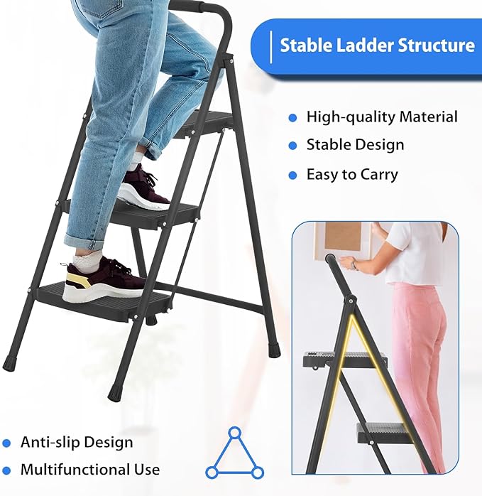 Folding 3 Step Ladder with Wide Anti-Slip Pedal and Handle