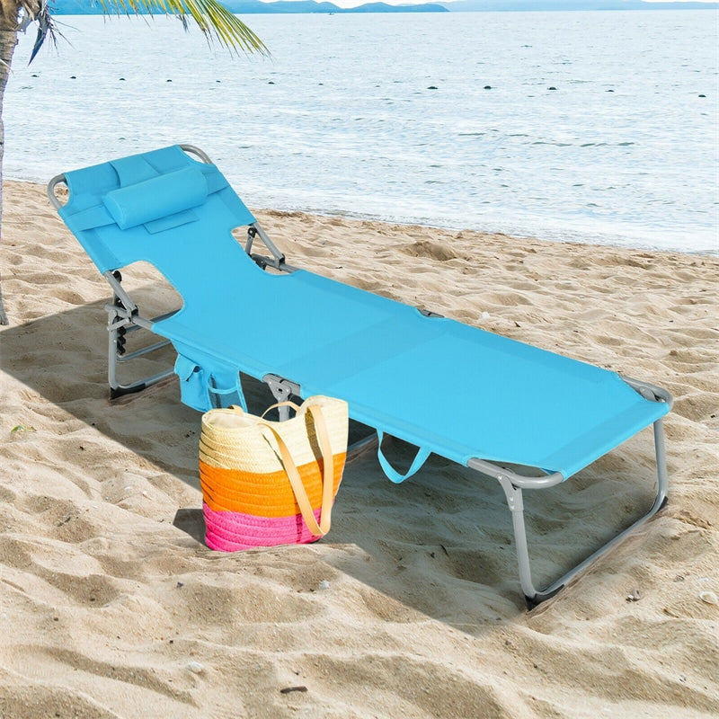 Folding Beach Lounge Chair 5-Position Adjustable Outdoor Tanning Chair with Pillow