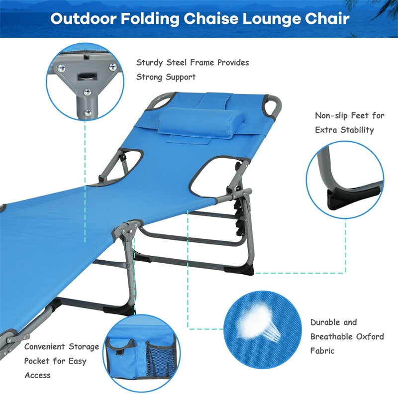 Folding Beach Lounge Chair 5-Position Adjustable Outdoor Tanning Chair with Pillow