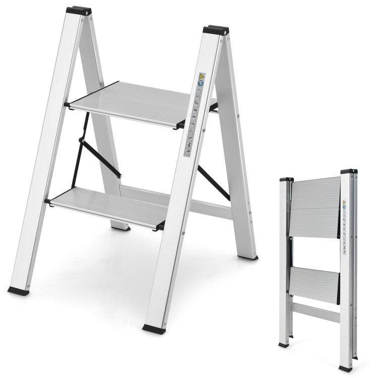 Folding Aluminum 2-Step Ladder with Non-Slip Pedal and Footpads