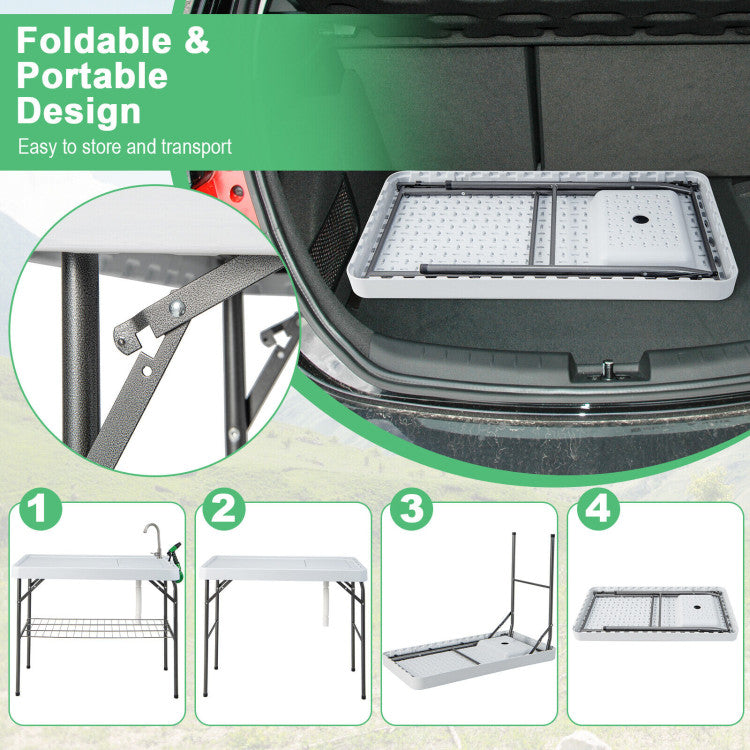 Folding Camping Fish Cleaning Table with Grid Rack and Faucet