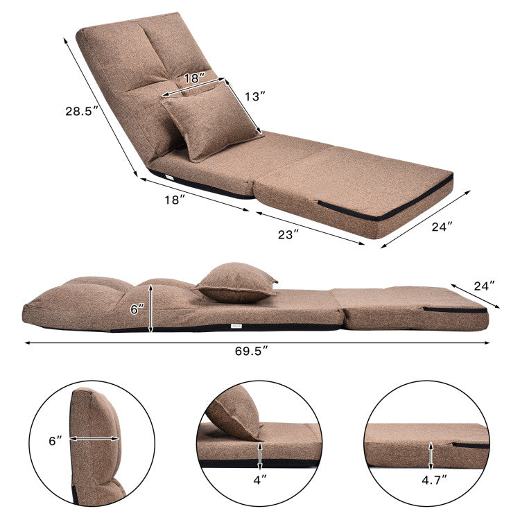 Folding Floor Chair Sleeper Couch with Pillow and 6-position Adjustable Backrest