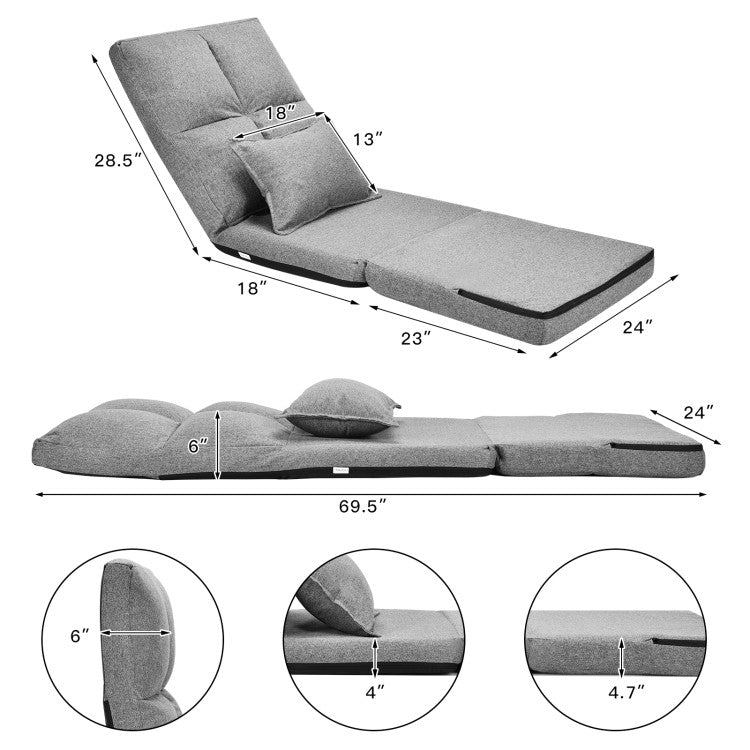 Folding Floor Chair Sleeper Couch with Pillow and 6-position Adjustable Backrest