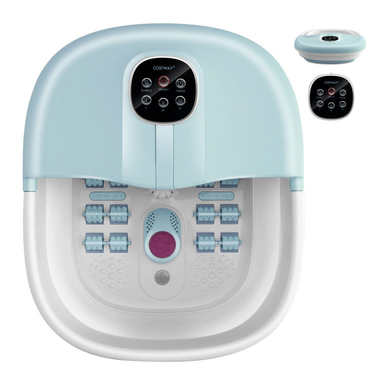 Folding Foot Spa Basin with Heat Bubble Roller Massage and Remote Control-Turquoise