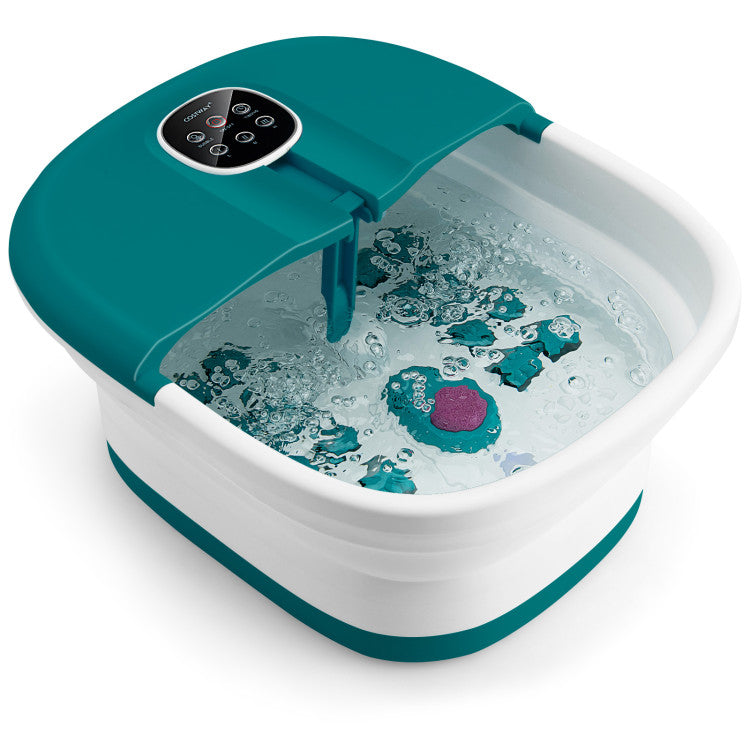 Folding Foot Spa Basin with Heat Bubble Roller Massage and Remote Control-Turquoise