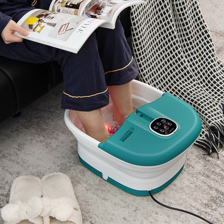 Folding Foot Spa Basin with Heat Bubble Roller Massage and Remote Control-Turquoise