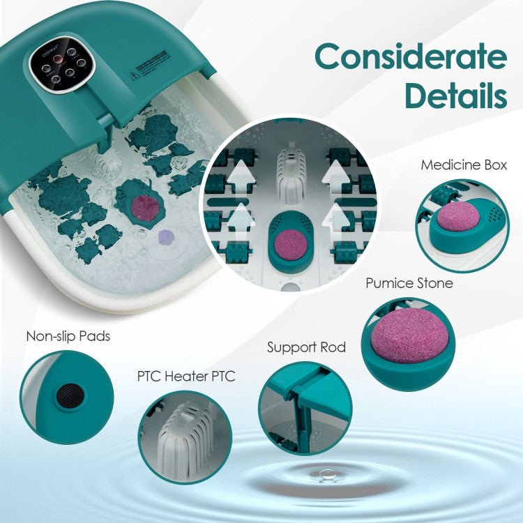 Folding Foot Spa Basin with Heat Bubble Roller Massage and Remote Control-Turquoise