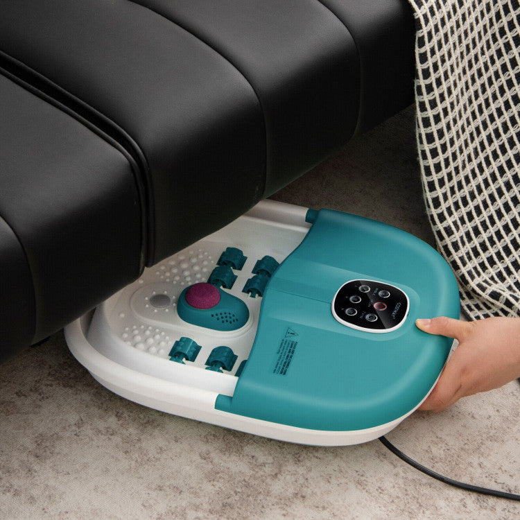 Folding Foot Spa Basin with Heat Bubble Roller Massage and Remote Control-Turquoise