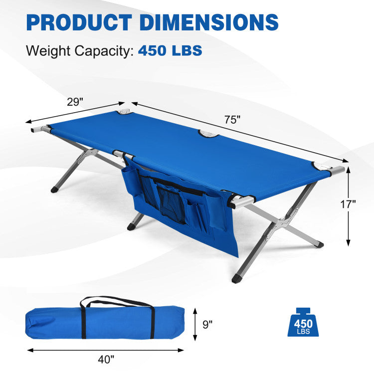 Folding Portable Camping Cot Sleeping Bed with Carrying Bag and Side Pockets