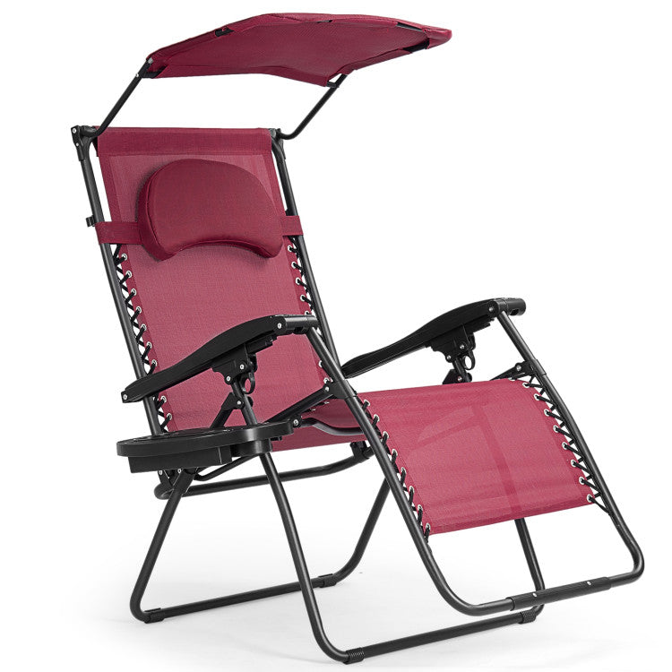 Folding Recliner Lounge Chair with Canopy and Cup Holder for Beach