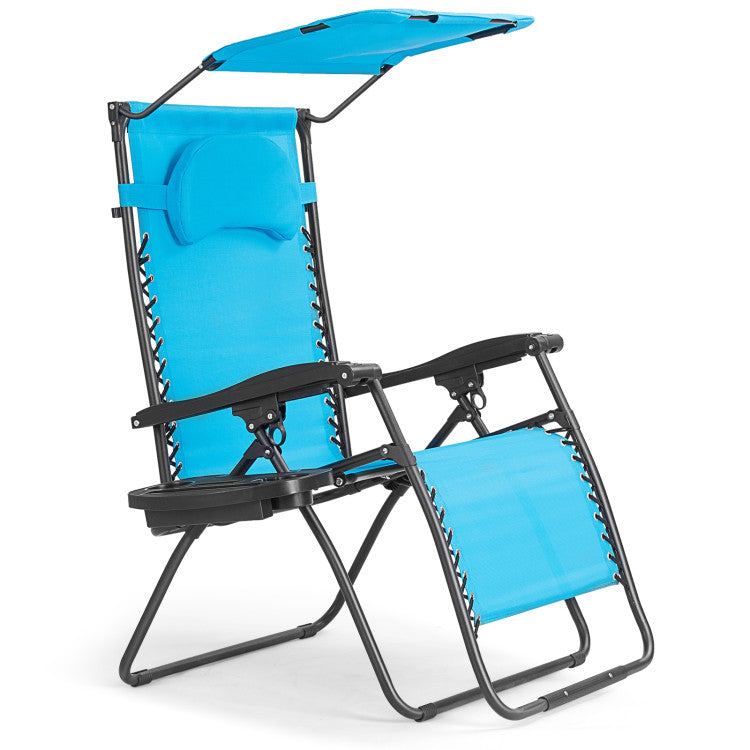 Folding Recliner Lounge Chair with Canopy and Cup Holder for Beach