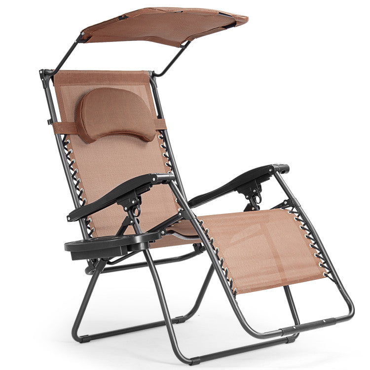 Folding Recliner Lounge Chair with Canopy and Cup Holder for Beach