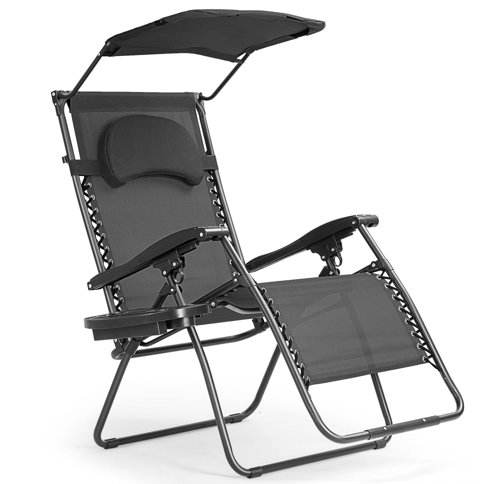 Folding Recliner Lounge Chair with Canopy and Cup Holder for Beach