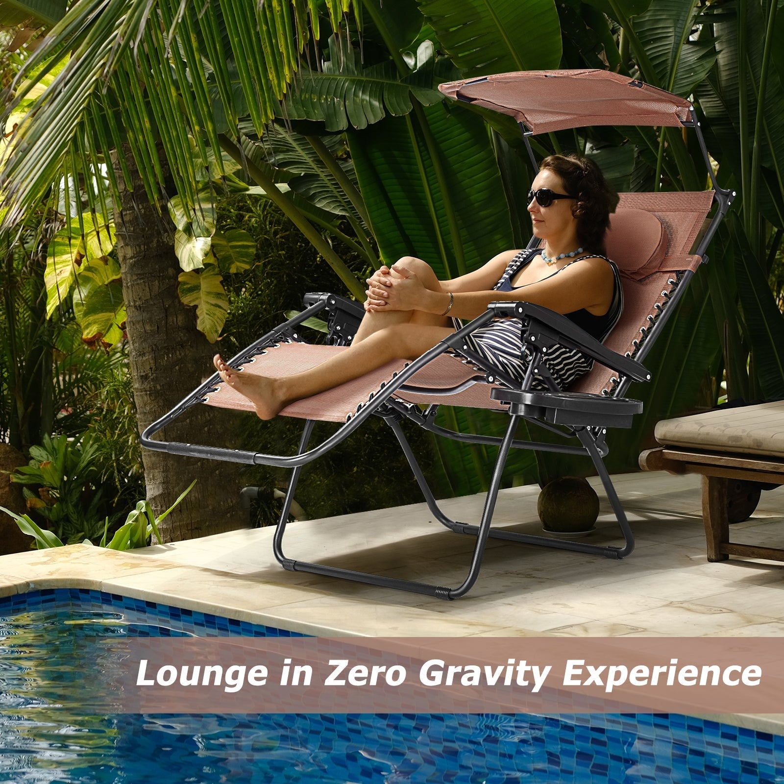 Folding Recliner Lounge Chair with Canopy and Cup Holder for Beach