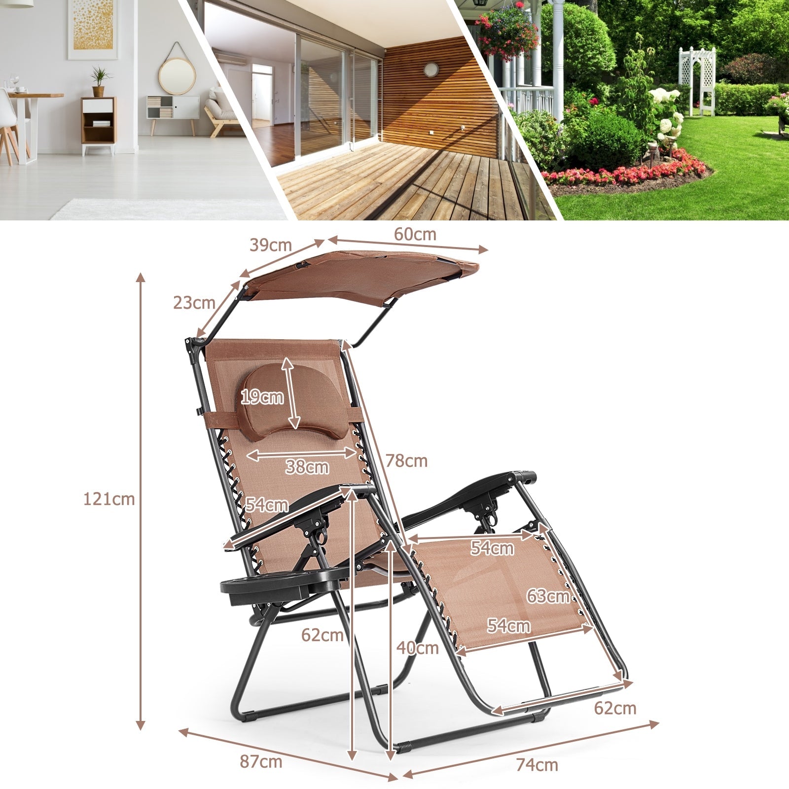 Folding Recliner Lounge Chair with Canopy and Cup Holder for Beach