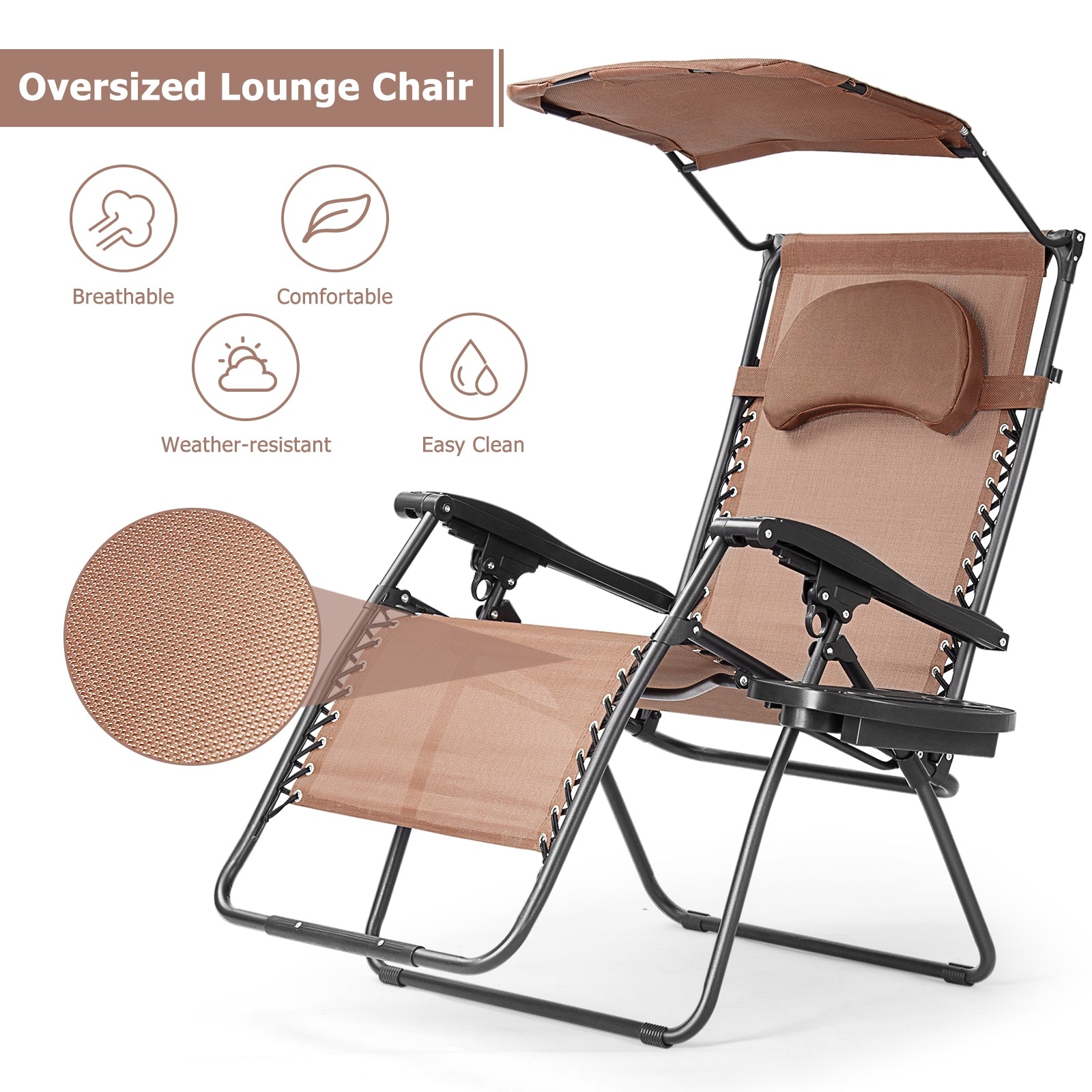 Folding Recliner Lounge Chair with Canopy and Cup Holder for Beach