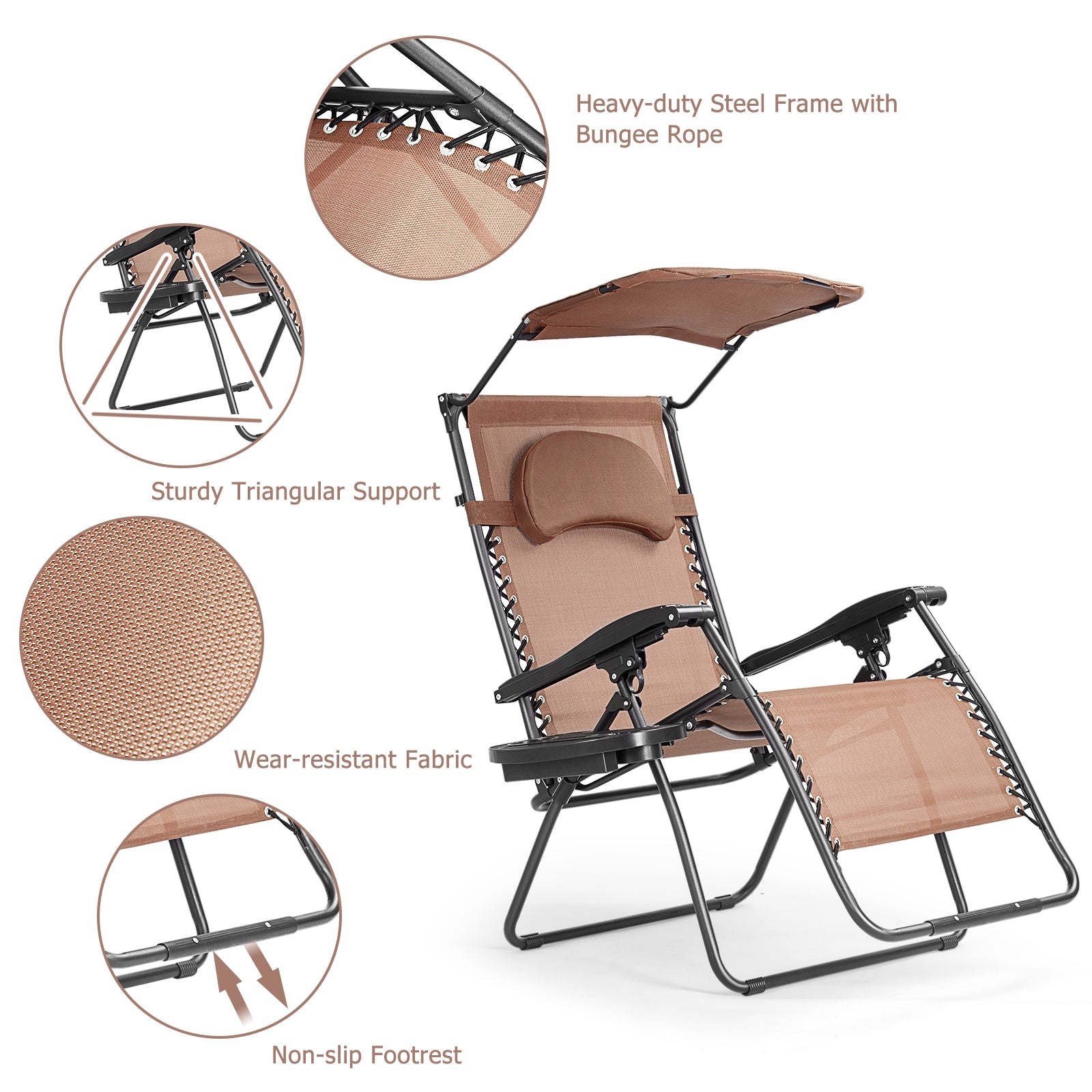 Folding Recliner Lounge Chair with Canopy and Cup Holder for Beach