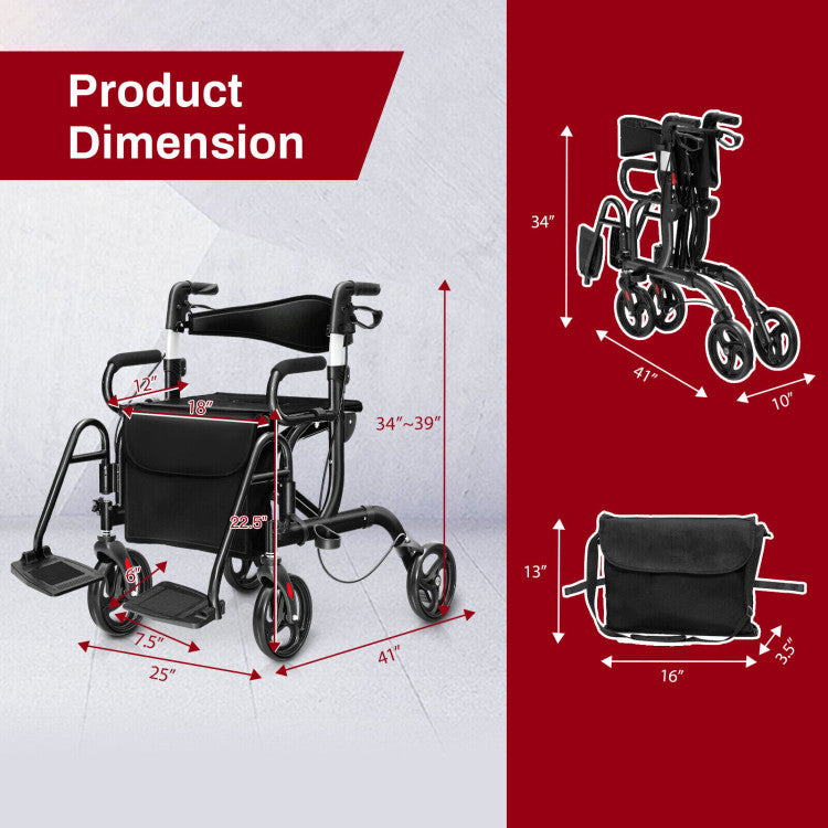 Folding Rollator Mobility Walker with Seat and 8-inch Wheels