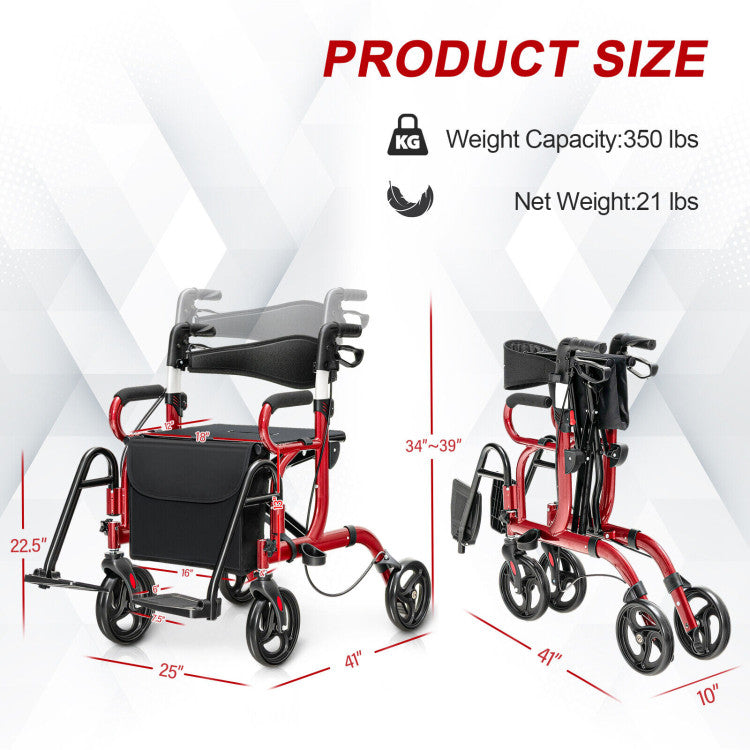 Folding Rollator Mobility Walker with Seat and 8-inch Wheels