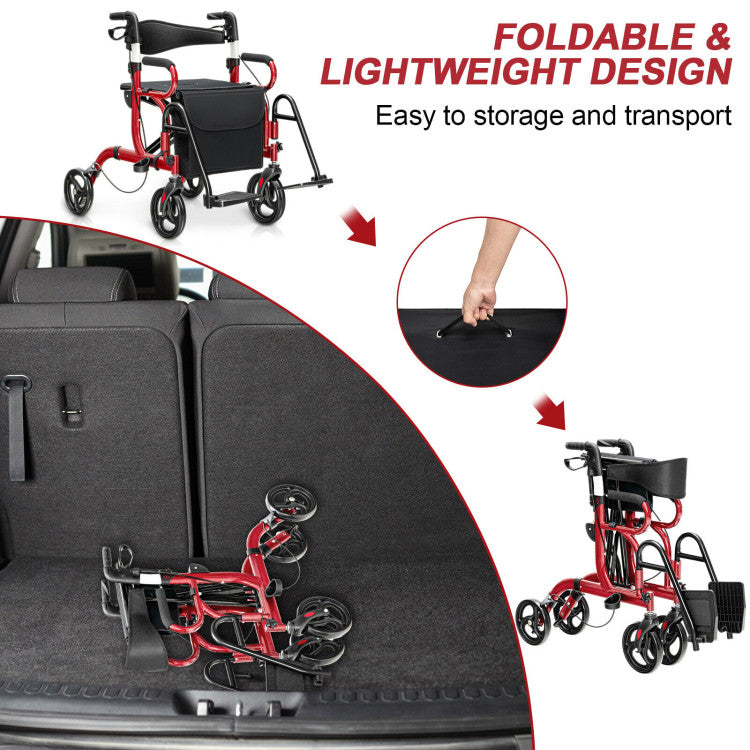 Folding Rollator Mobility Walker with Seat and 8-inch Wheels