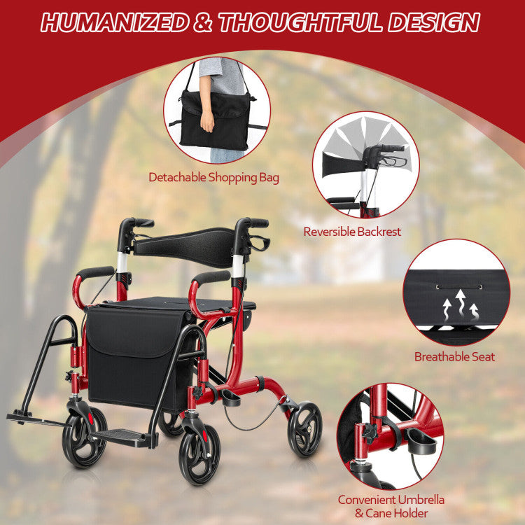 Folding Rollator Mobility Walker with Seat and 8-inch Wheels