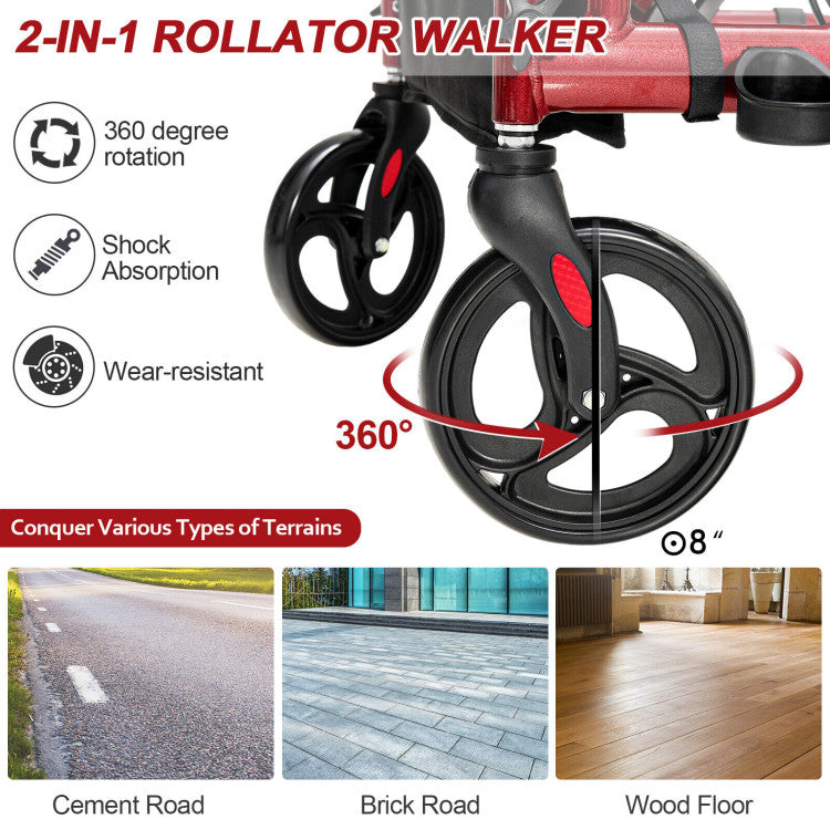 Folding Rollator Mobility Walker with Seat and 8-inch Wheels