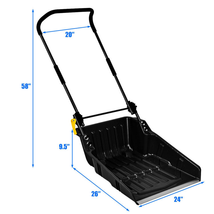 Folding Snow Pusher Scoop Shovel with Wheels and Handle