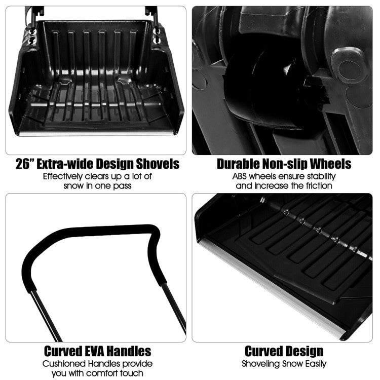 Folding Snow Pusher Scoop Shovel with Wheels and Handle