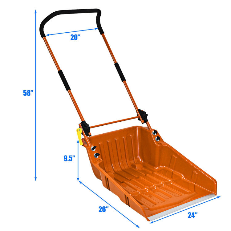 Folding Snow Pusher Scoop Shovel with Wheels and Handle