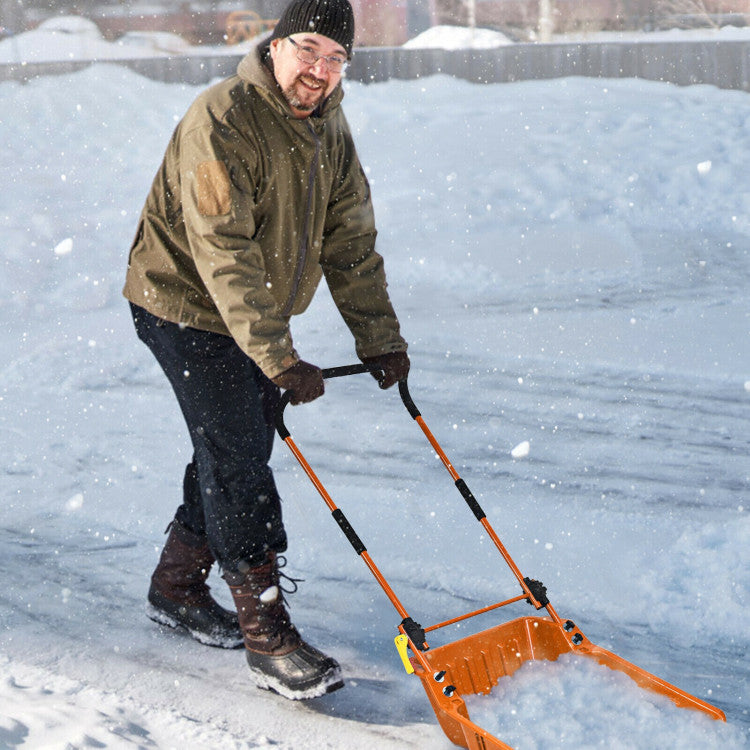 Folding Snow Pusher Scoop Shovel with Wheels and Handle